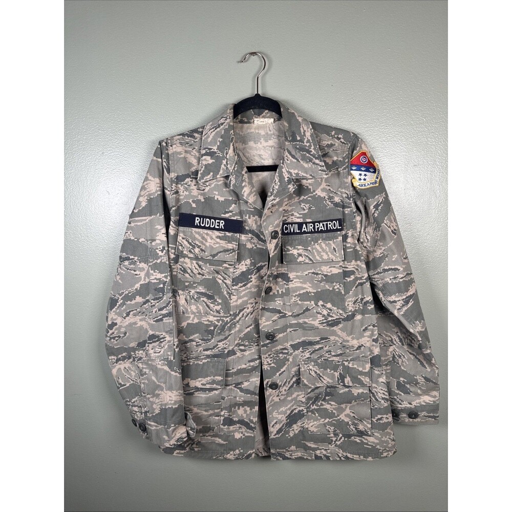 US Military Mens Green Camo Civil Air Patrol Field Button Down Jacket Distressed